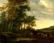 Salomon van Ruysdael - A Landscape with a Carriage and Horsemen at a Pool